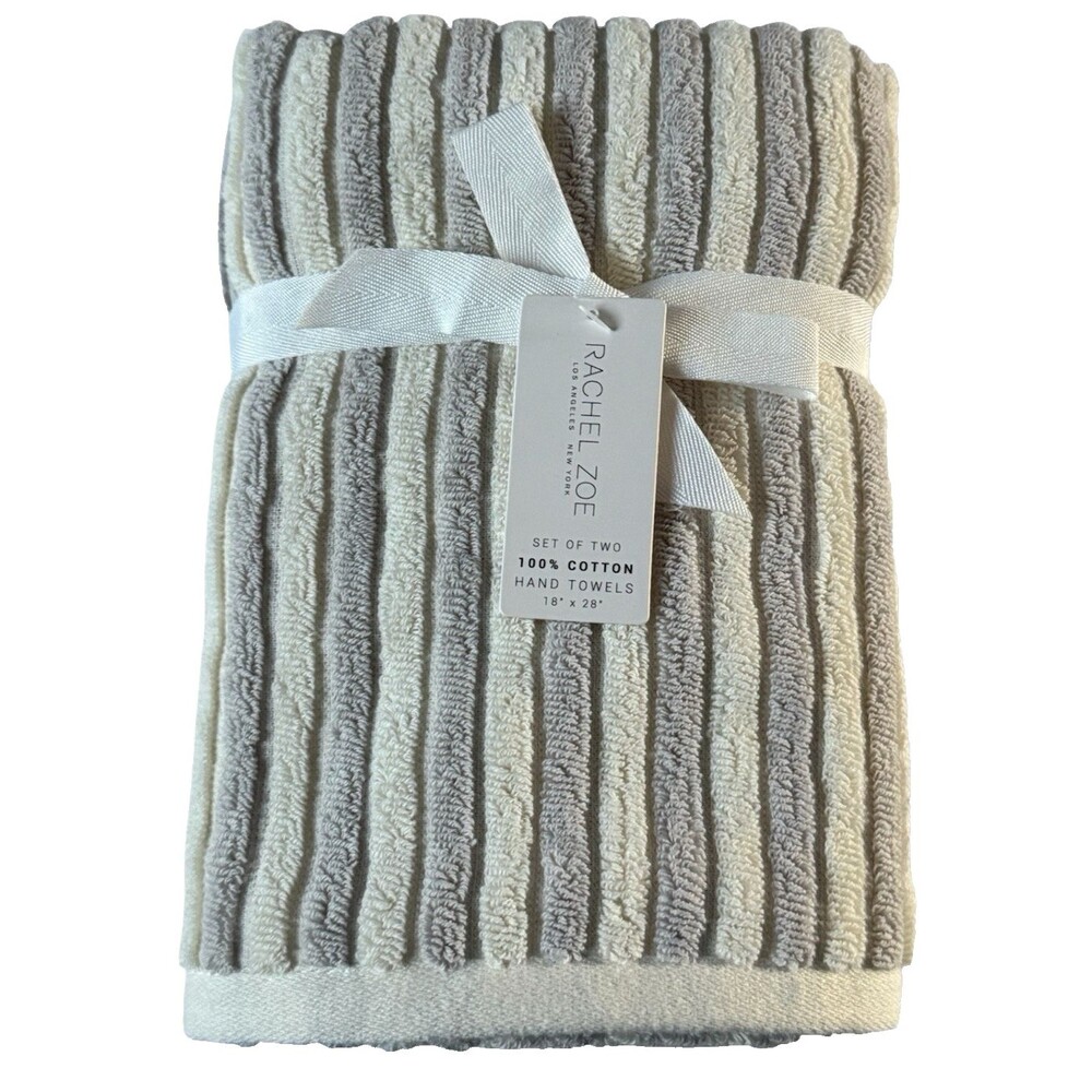 Rachel Zoe Hand Towels Striped Solid Bathroom Set of 2 Ivory Gray Textured 18x28